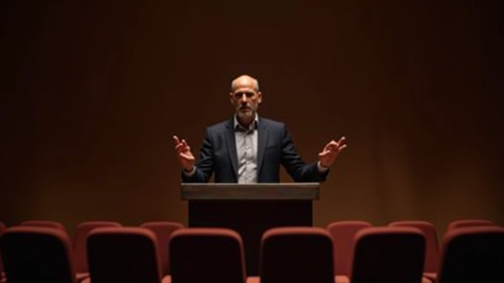 Man staat op klein podium in lege zaal en oefent zijn presentatie