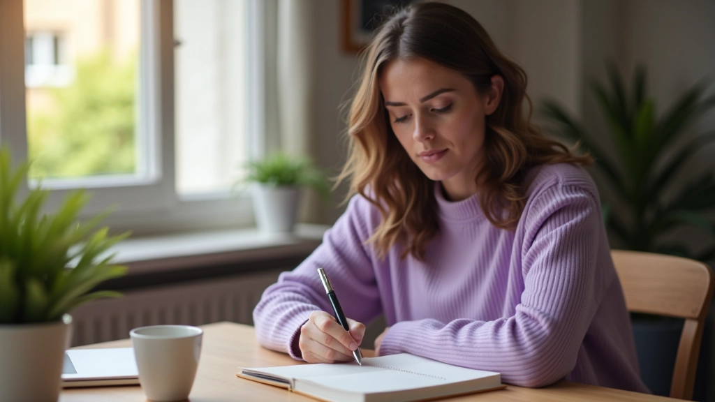 Vrouw zit aan bureau met notitieblok en plant haar mentale voorbereiding